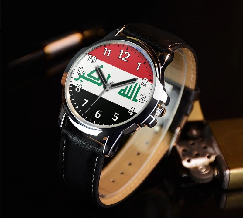 Flag Of Iraq Leather Strap Big Dial Wrist Watch