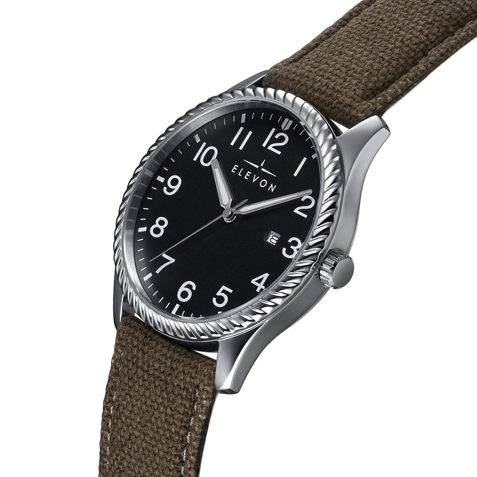 Crosswind Canvas-Overlaid Leather-Band Watch w/ Date Black/Olive | Black Dial Wr
