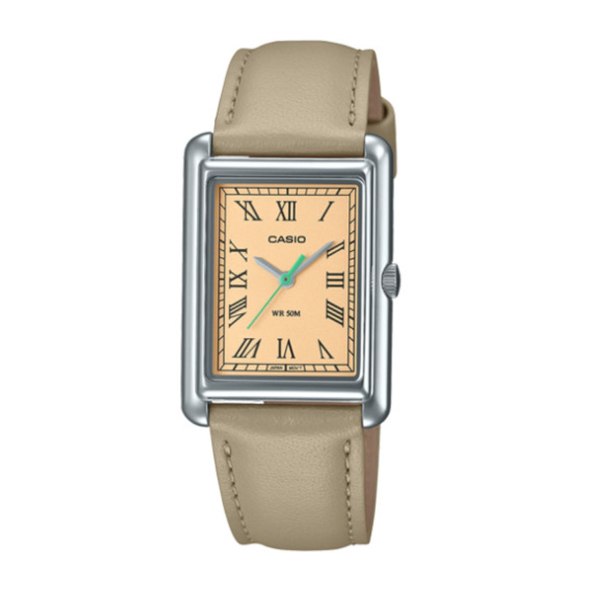 Casio Women LTP-B165L-5BV Dress Watch Rectangle Roman Quartz Beige Leather New