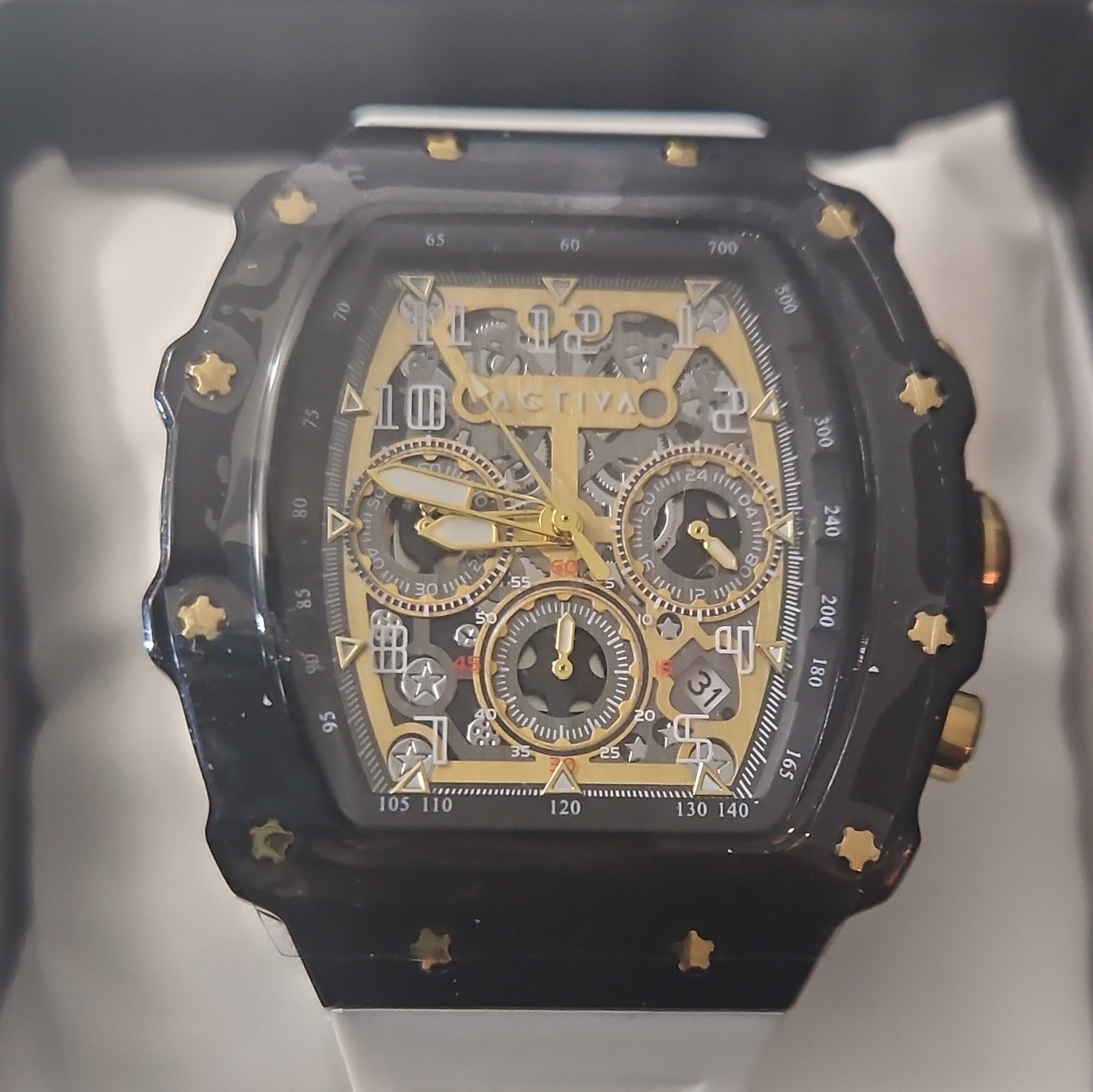 Activa Men’s Quartz Chronograph 46mm Black/Gold Dial White Silicone Strap Box
