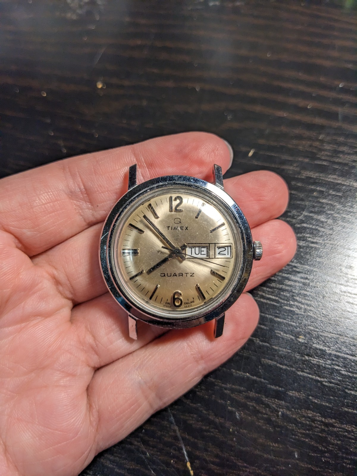 timex mens watch, pale bronze face, time and date