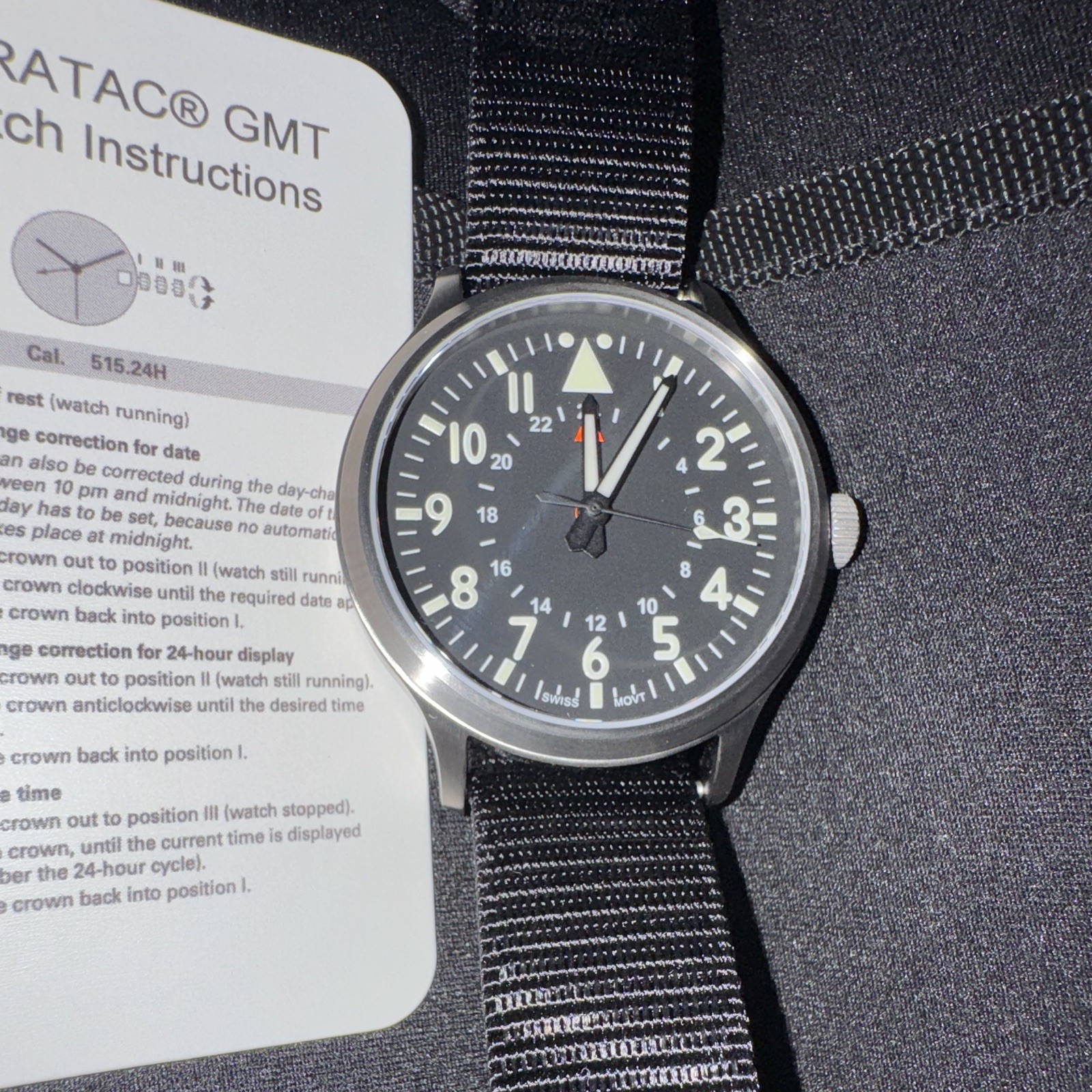 Maratac GMT 44mm Titanium Quartz GMT Watch Black Dial Black NATO Nylon Strap