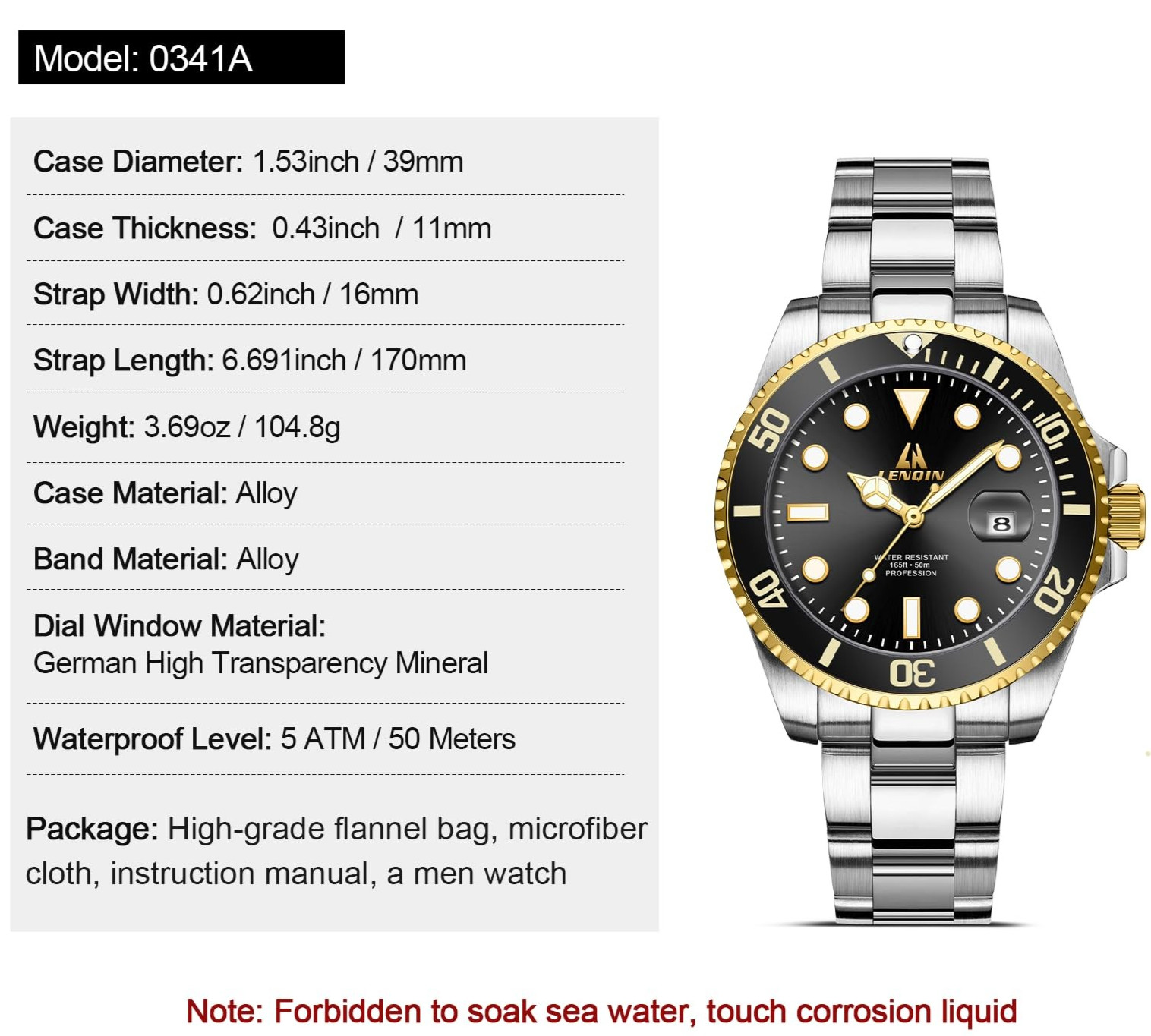 Men’s Watch 39mm Black Dial Analog Quartz Steel Wristwatch Date Rotating Bezel