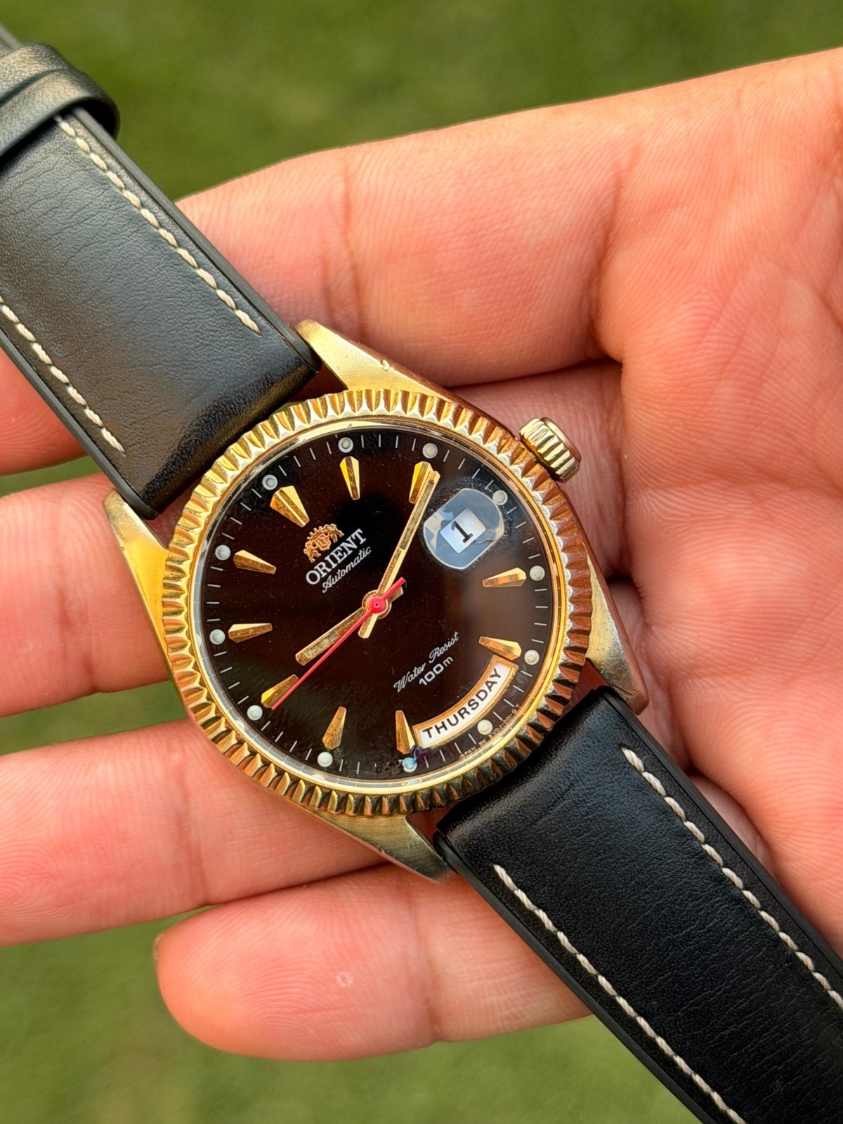 Vintage Orient president automatic day/date black dial men’s wrist watch Japan
