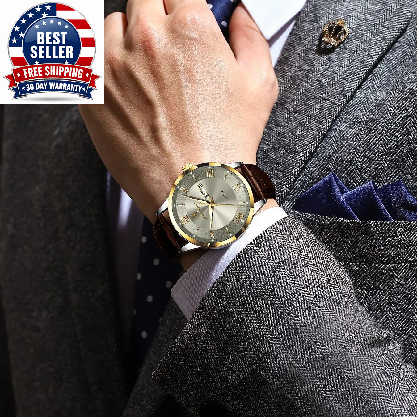 Men’s Waterproof Quartz Watch with Leather Band and Luminous Features