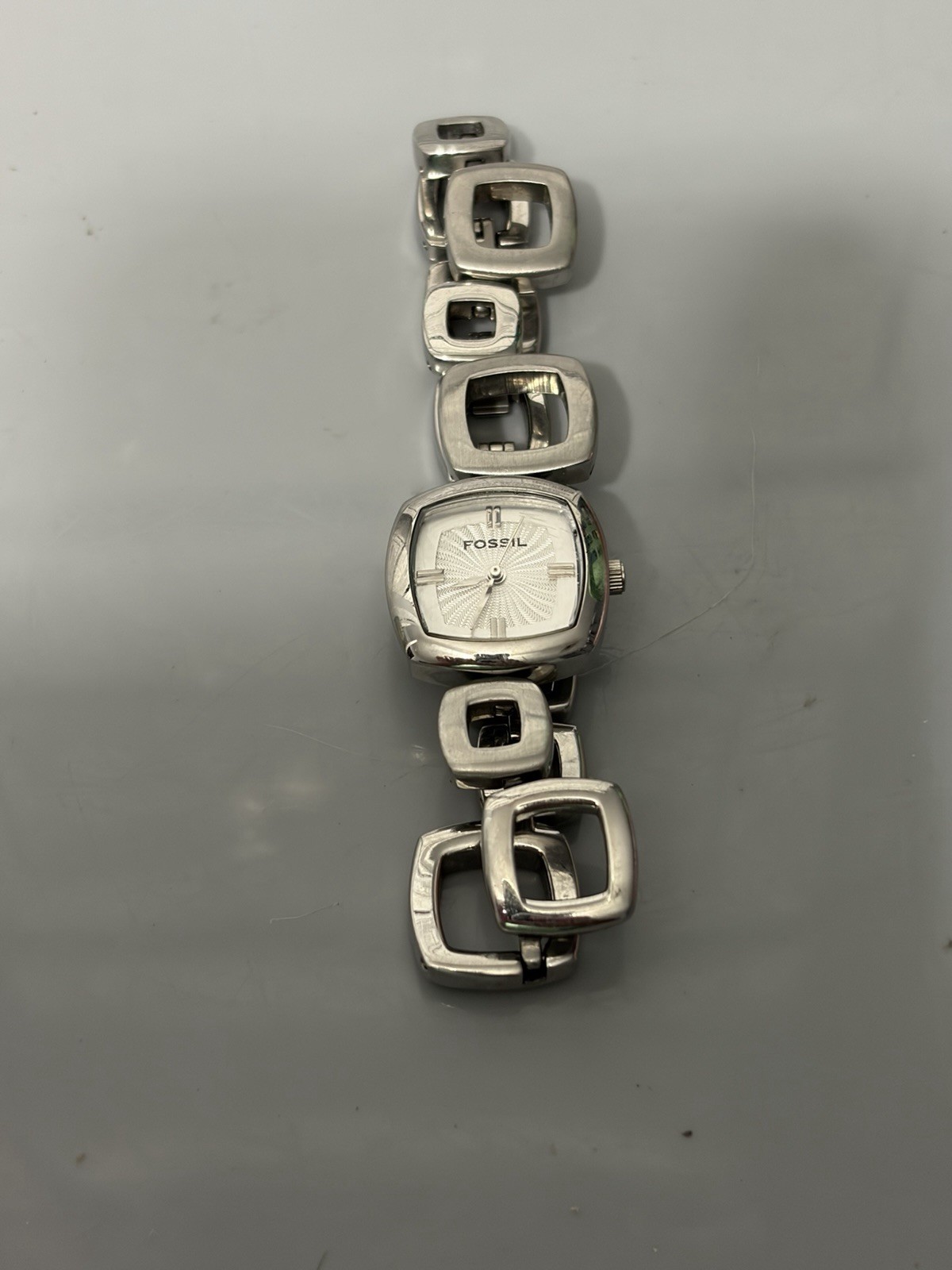 Fossil F2 Quartz Watch Silver Dial Cushion Water-Resistant Stainless Steel Band