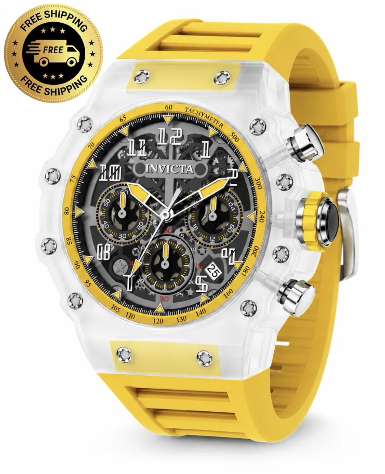 Invicta Racing Vaulthan 44mm Watch Clear Case/Yellow Strap-Stylish 🔥🔥🔥