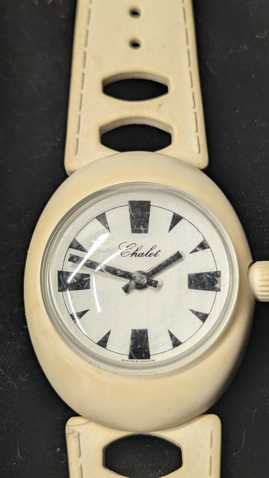 Vintage Chalet Swiss Mechanical Watch Runs Great Beige W Light Brown Tones 7.5″
