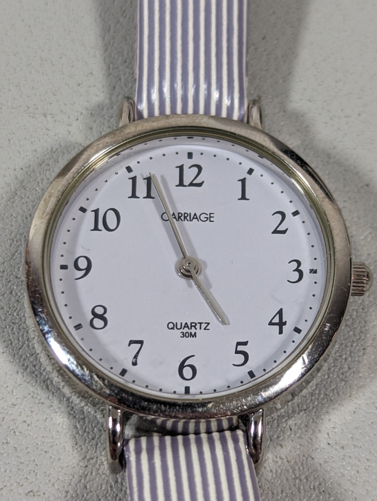 Carriage By Timex Gray Dial Silver Tone Round Case Striped Leather Band Watch