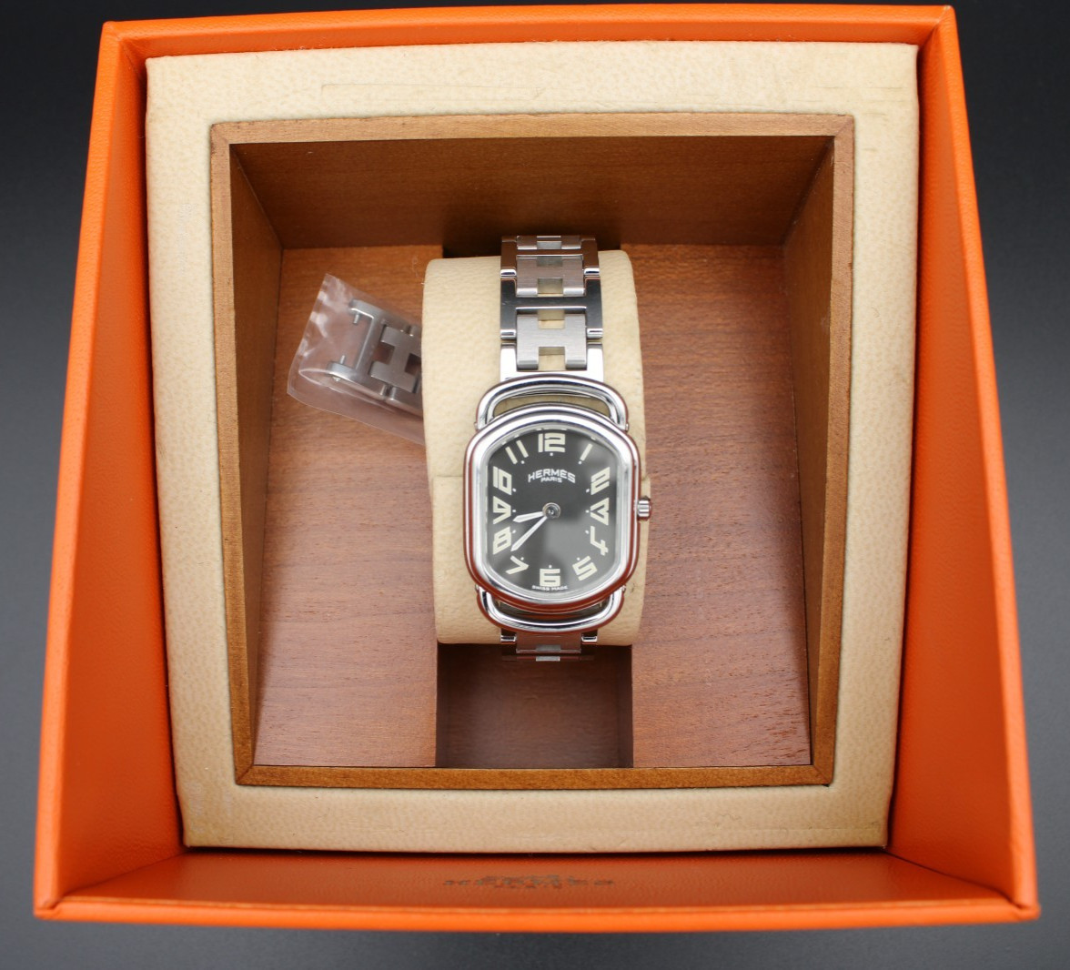 Hermès Rallye RA1.210 Ladies Quartz Gray Dial SS Watch Box Papers Complete Set