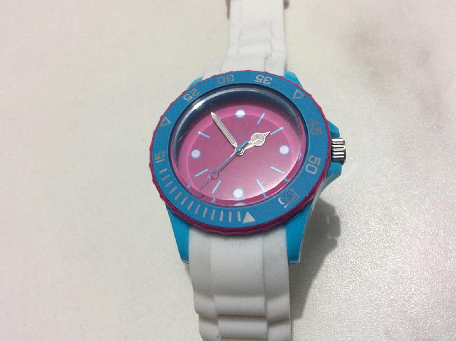 Identity London Ladies’ Soft Touch rubber white strap pink dial watch
