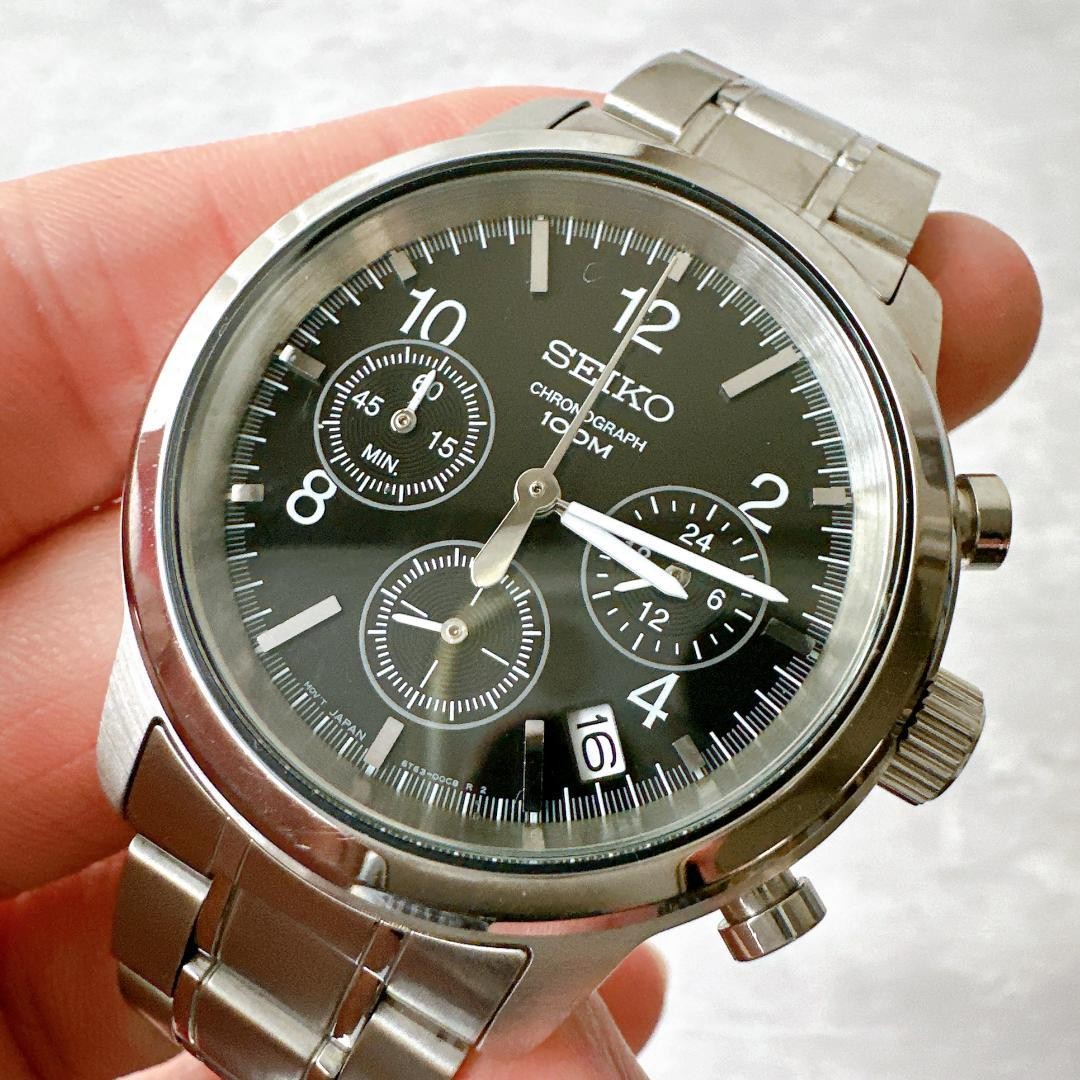 Seiko Chronograph Quartz Black Dial Sport Watch 39mm Wrist 17cm Used