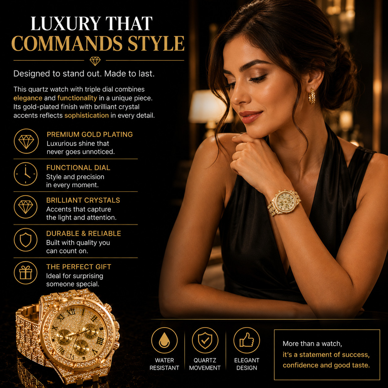Luxury Gold Plated Triple Dial Quartz Watch with Rhinestones for Men