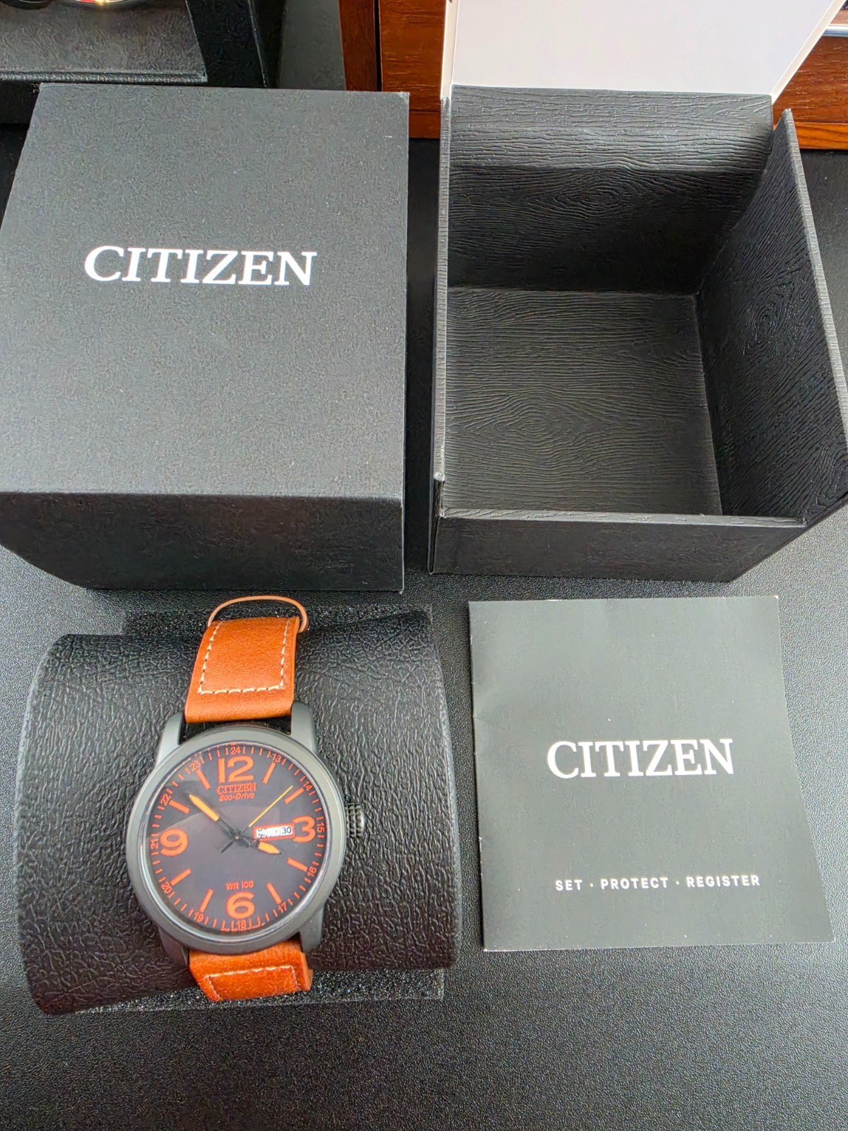 Citizen Eco Drive 42mm Men’s Black Dial Brown Strap Watch NEW BM8475-26E
