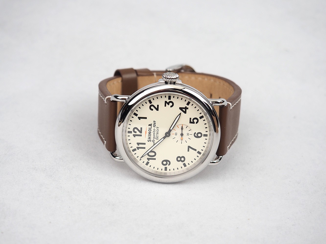 Men’s Shinola Runwell 47mm Cream Dial Brown Leather Strap Quartz Watch