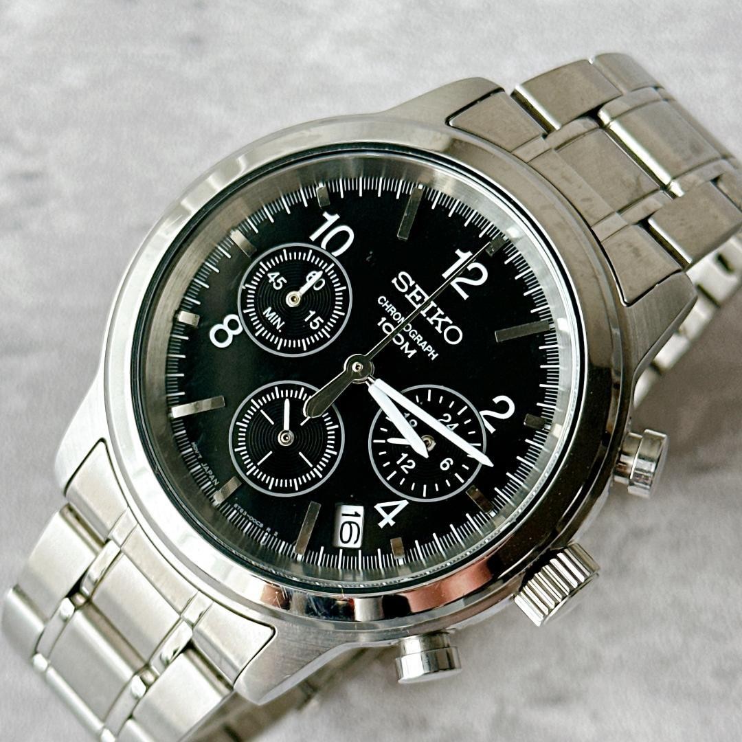 Seiko Chronograph Quartz Black Dial Sport Watch 39mm Wrist 17cm Used