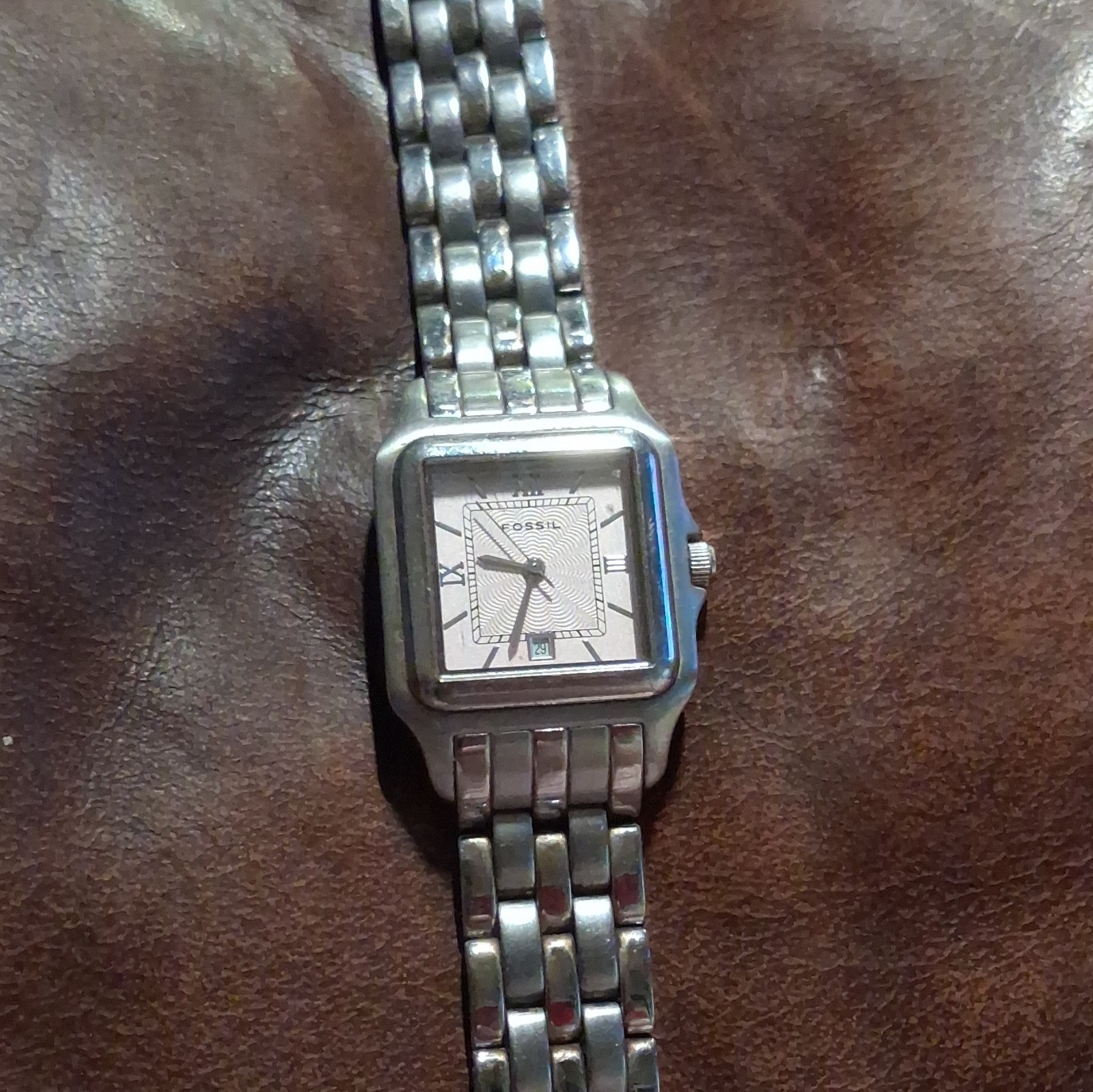 Fossil Quartz 30m Silver Dial Date Square Stainless Steel Bracelet Watch