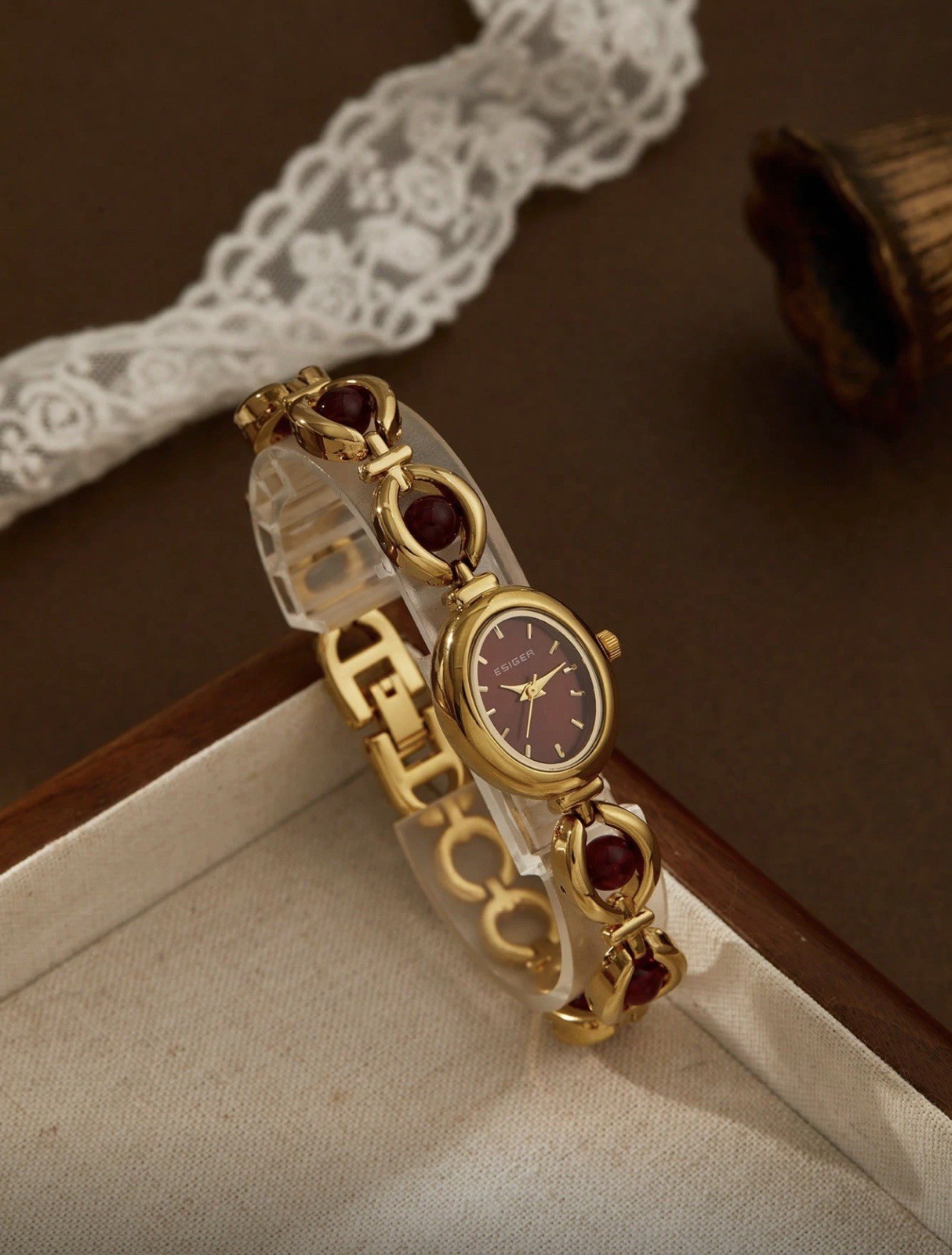 Gold and Burgundy Vintage Style Round Women’s Watch
