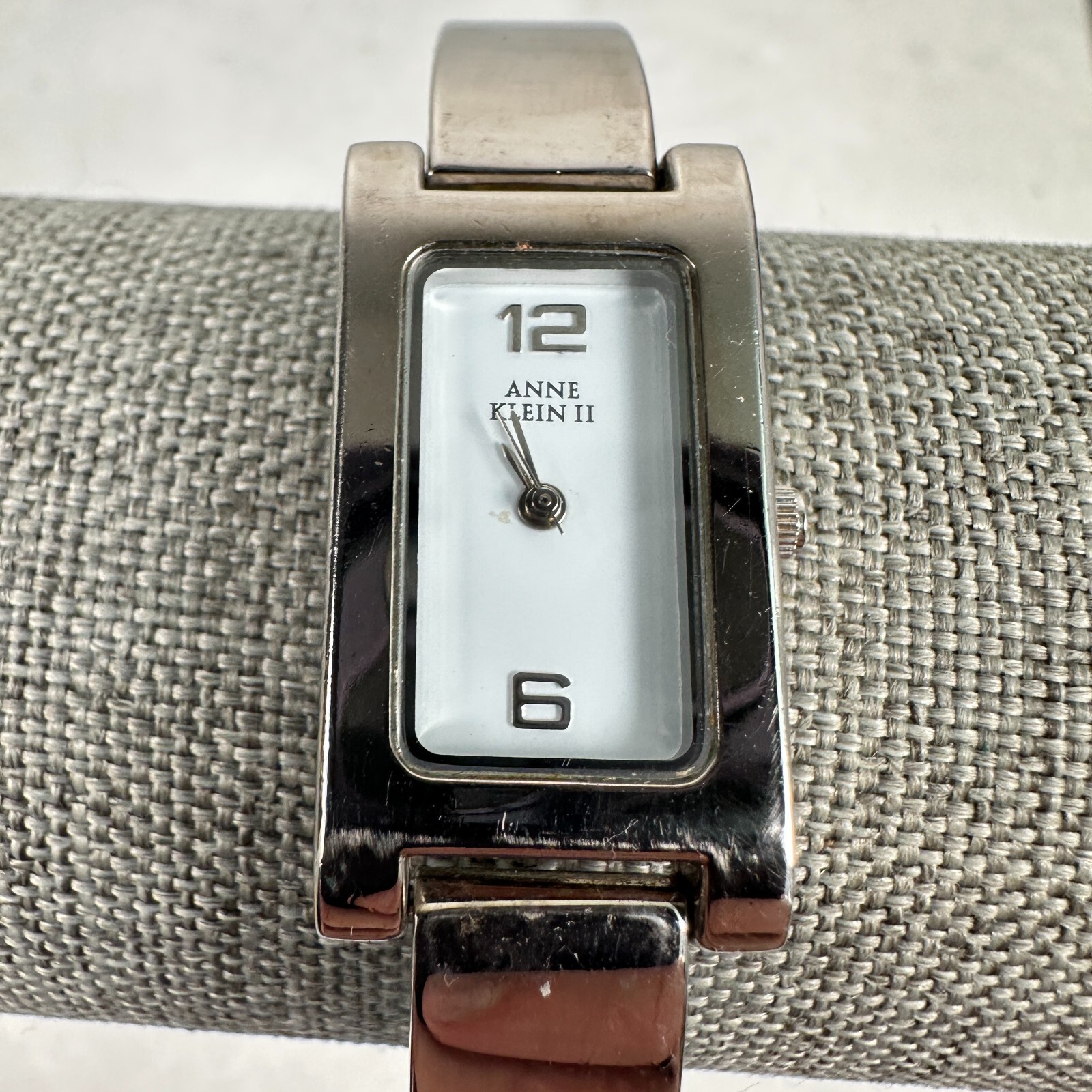 Anne Klein Watch Womens 16mm Rectangle White Dial Silver Tone 6″ New Battery