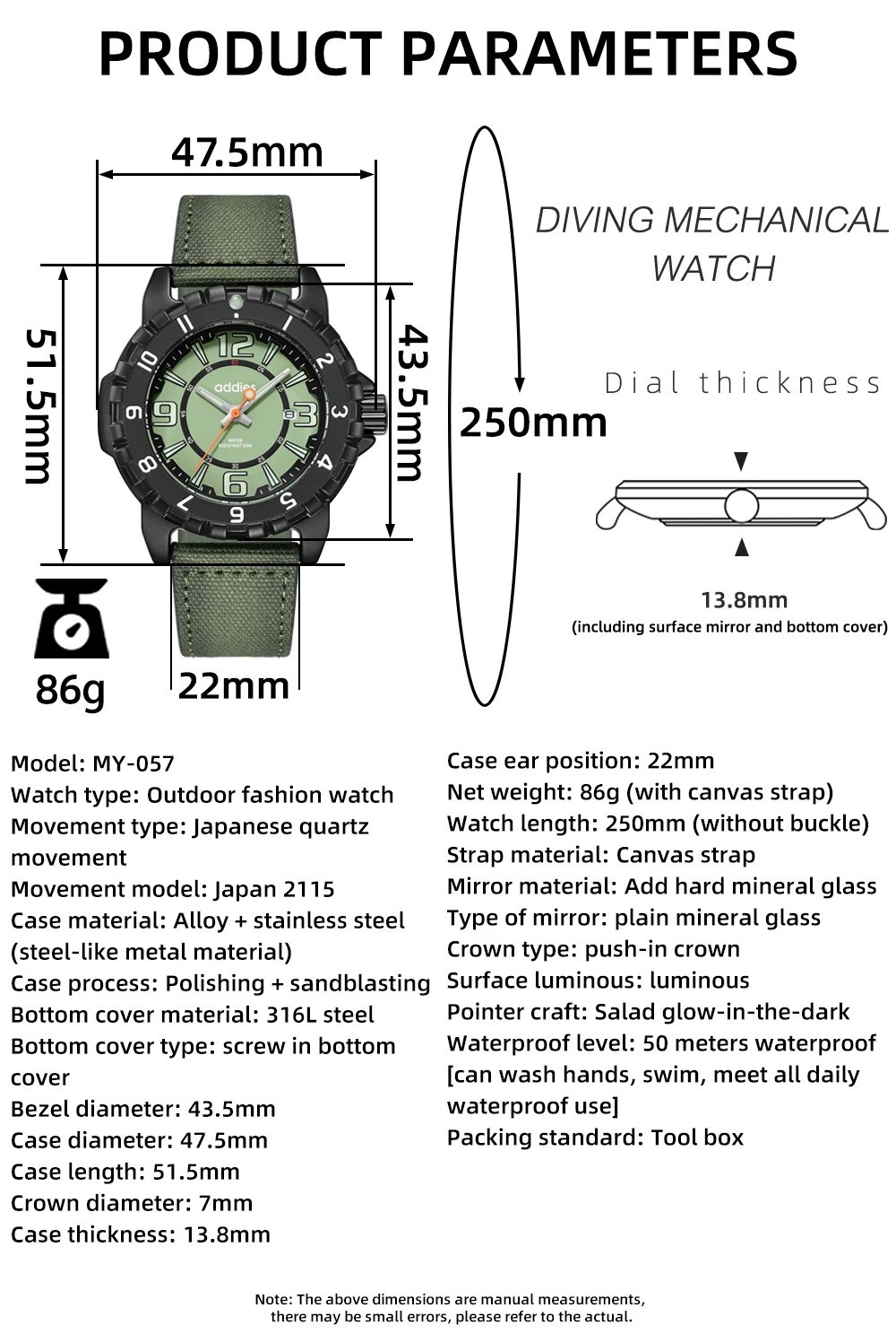 47MM ADDIESDIVE Military Quartz Dive Watch Men Nylon 50M Waterproof Luminous NEW