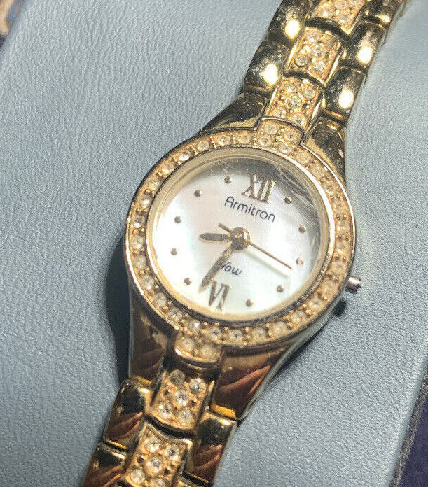 Armitron Now Vintage Watch Gold Tone MOP Dial Crystal Band Bezel New Battery 7″