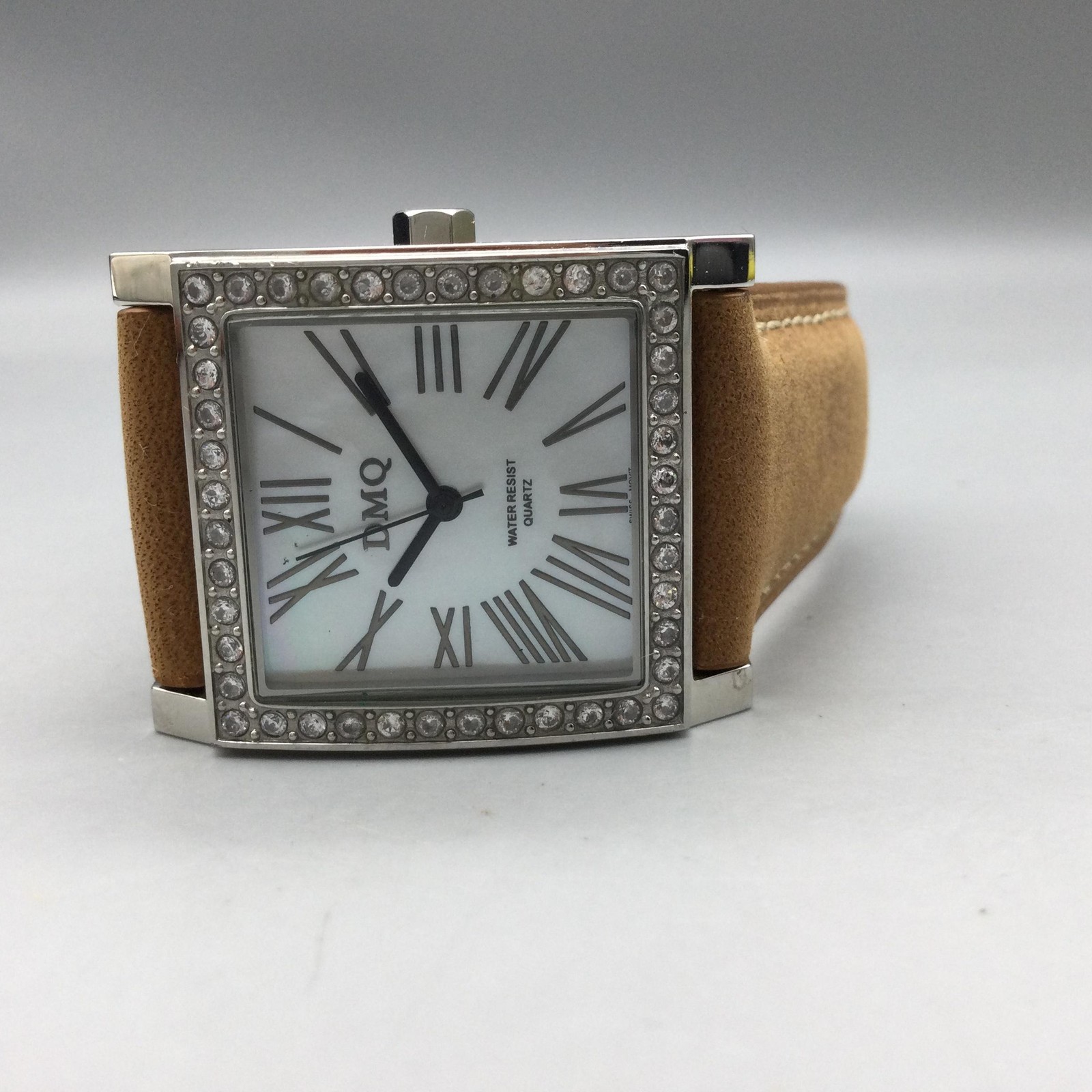DMQ Square Watch Womens 28mm Silver Tone Crystals Tan Leather Strap New Battery