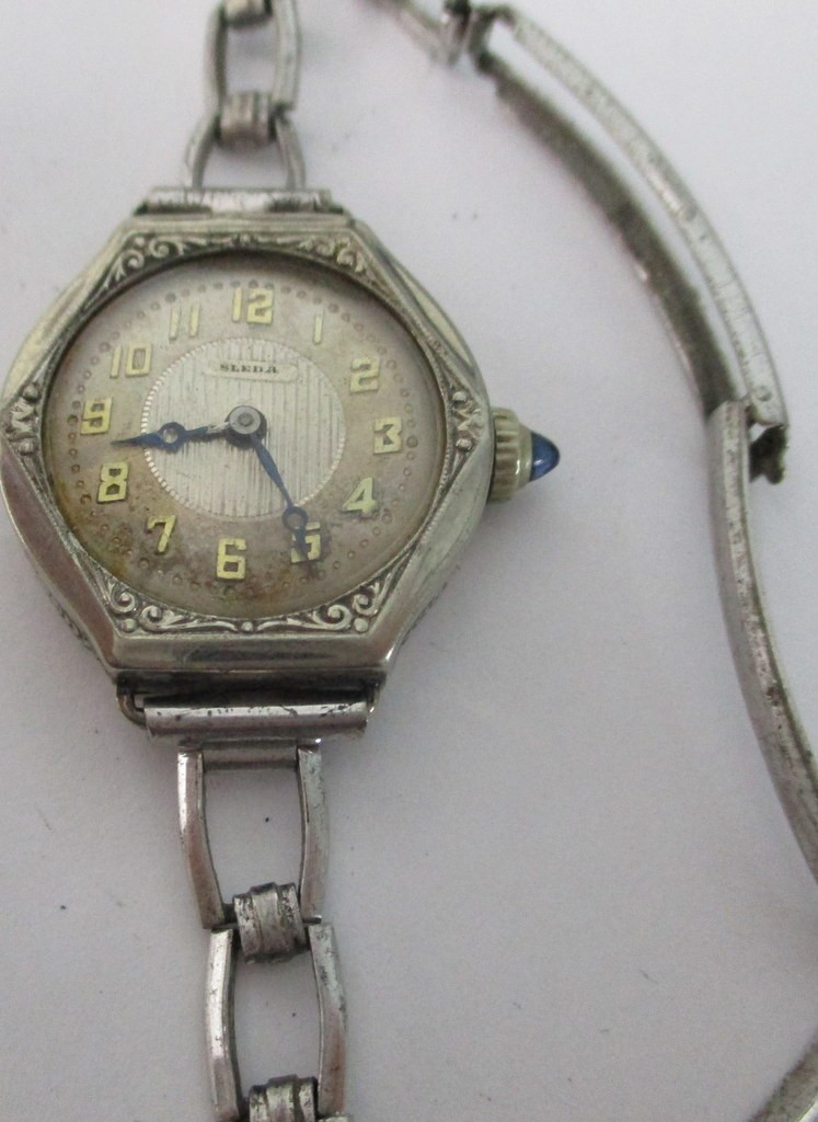 Vintage 1920s SLEDA Swiss Art Deco Watch – 15J 2 Adj – 14K RGP White Gold Case