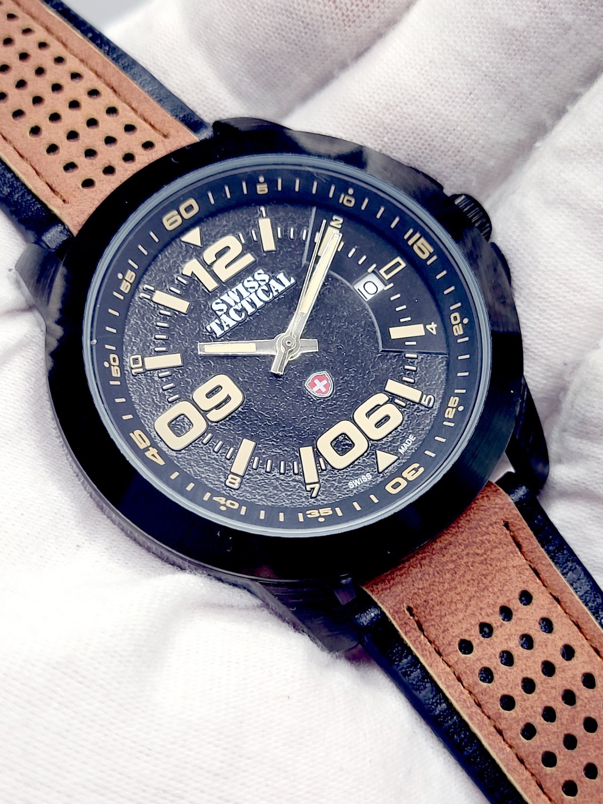 STAUER SWISS TACTICAL MILITARY 44mm BLACK/BROWN MEN’S ARMY WATCH [NEW] New Batt