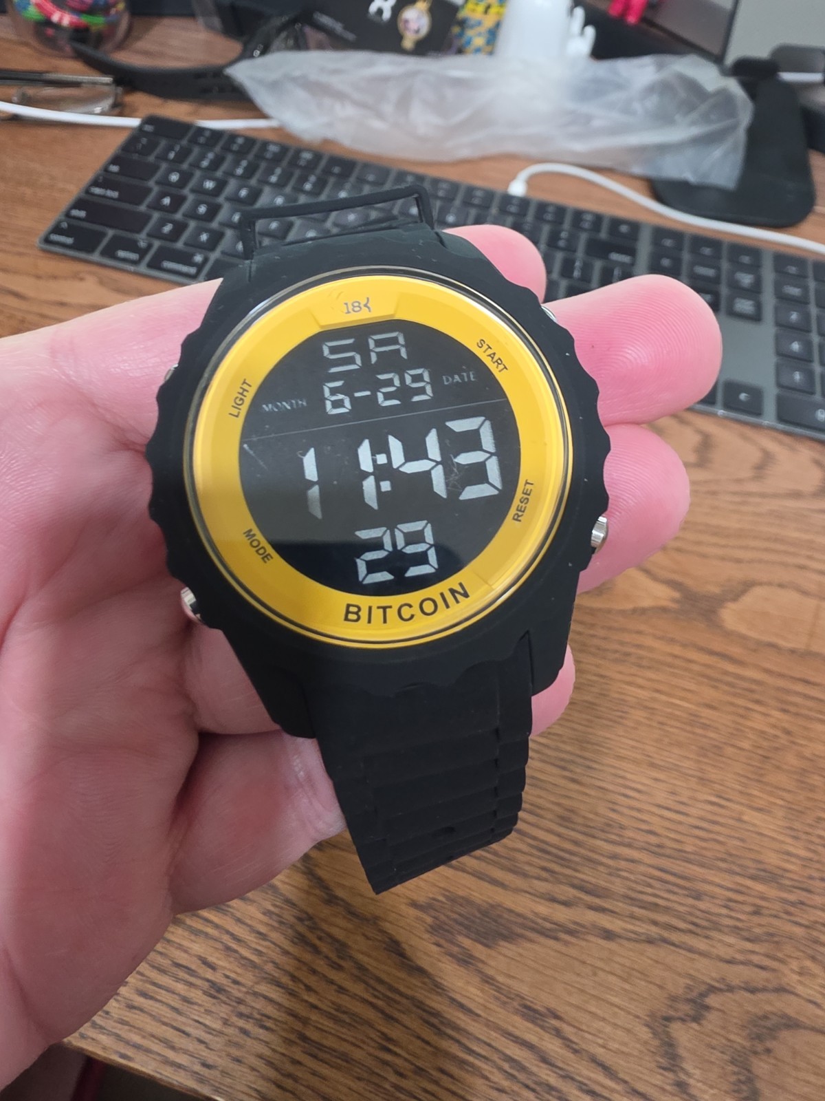 Bitcoin Digital Quartz Alarm Day/Date Black Rubber Strap Gold Fixed Bezel