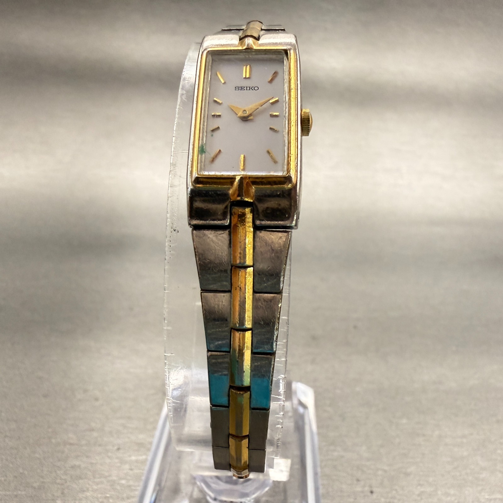 Seiko Tank Watch Women 13mm White Dial Two Tone Rectangle 2E20-7479 New Battery