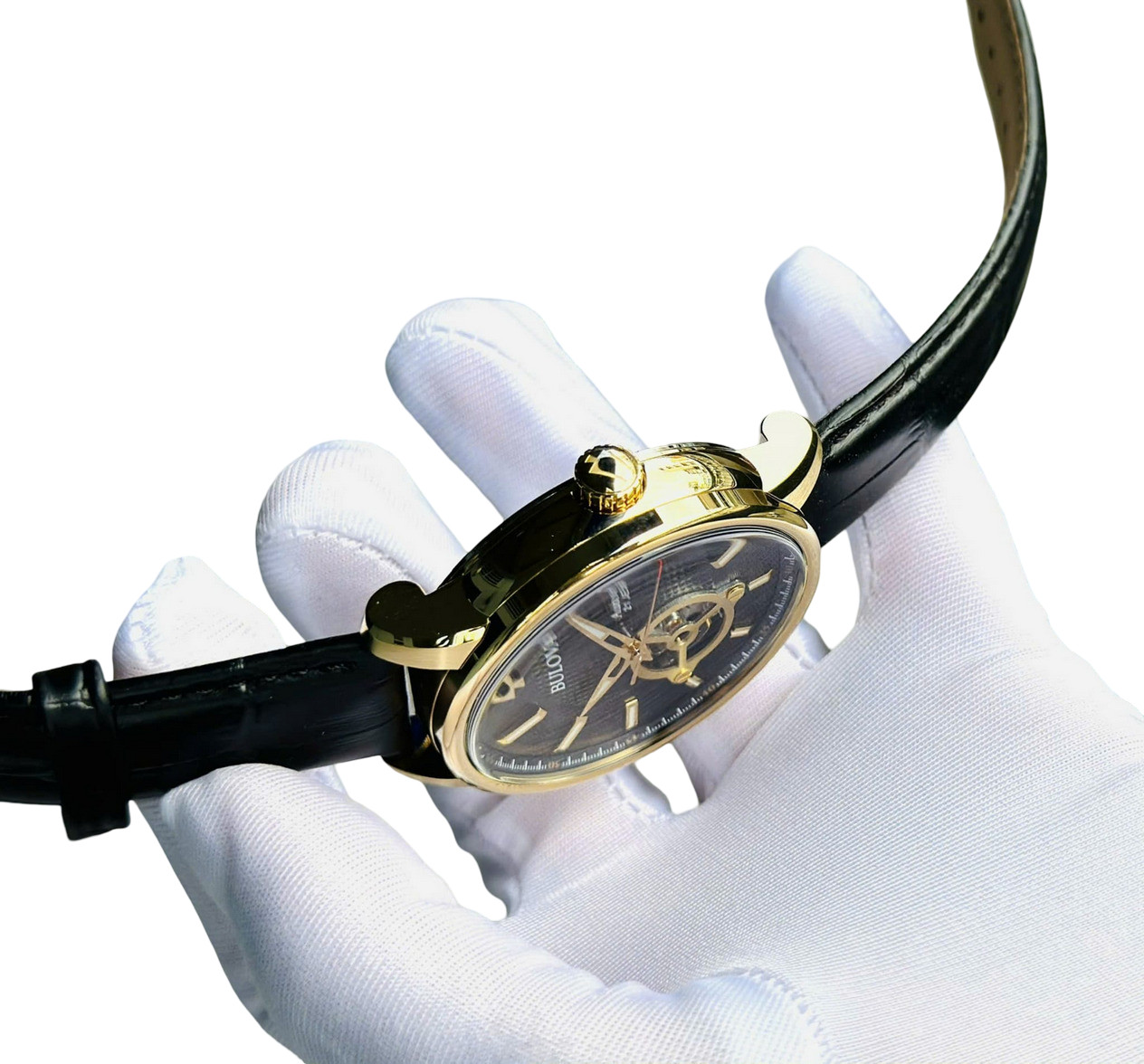 Bulova 97A166 Automatic Gold Tone Black Dial Leather Band Men’s Watch