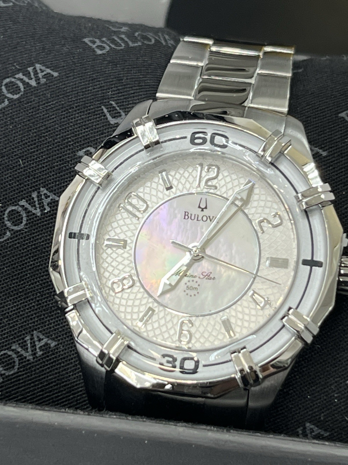 BULOVA Marine Star Womens Watch, White MOP Pearl Dial, New Box Papers Tag 35mm