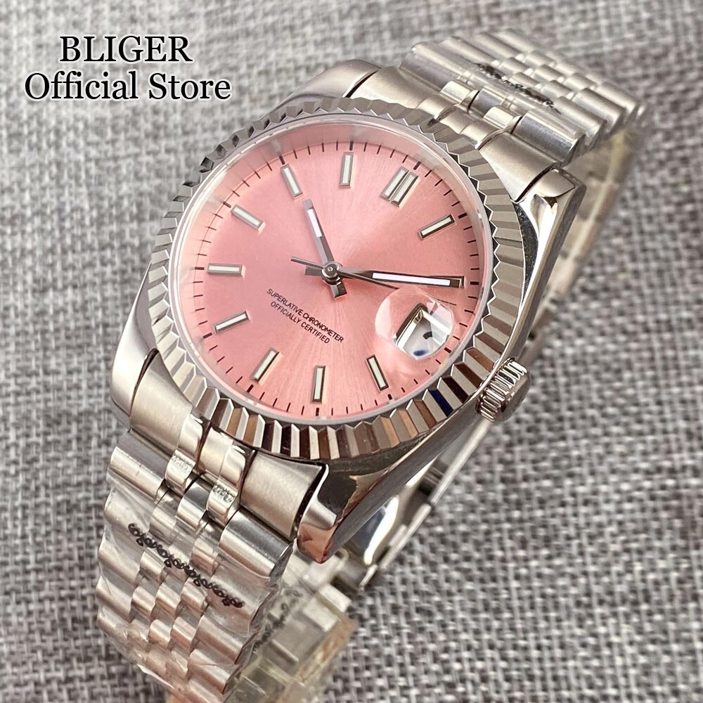 36MM NH35A Sunburst Pink Dial Automatic Watch Men Jubilee Bracelet Screw Crown