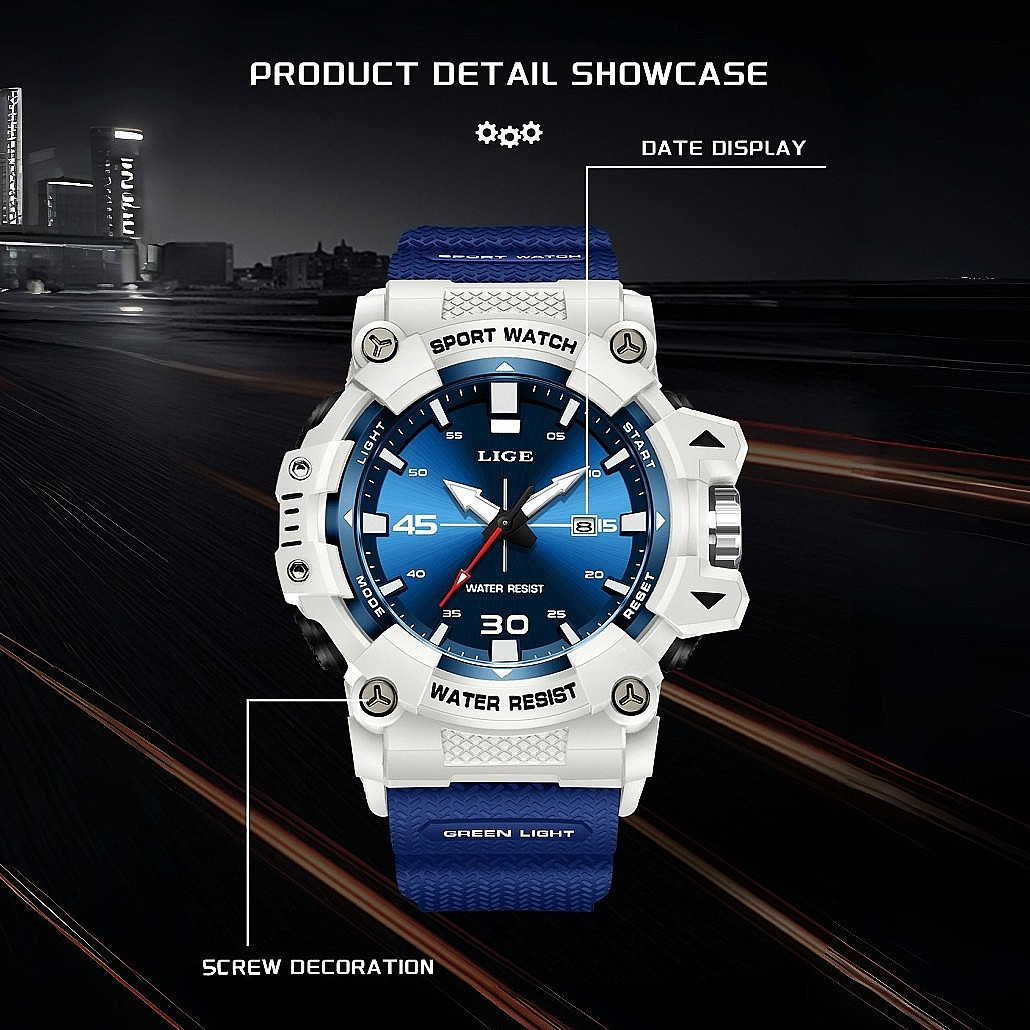 LIGE Men Watch Big Dial Quartz Analog Date Luminous Waterproof Sports Wristwatch