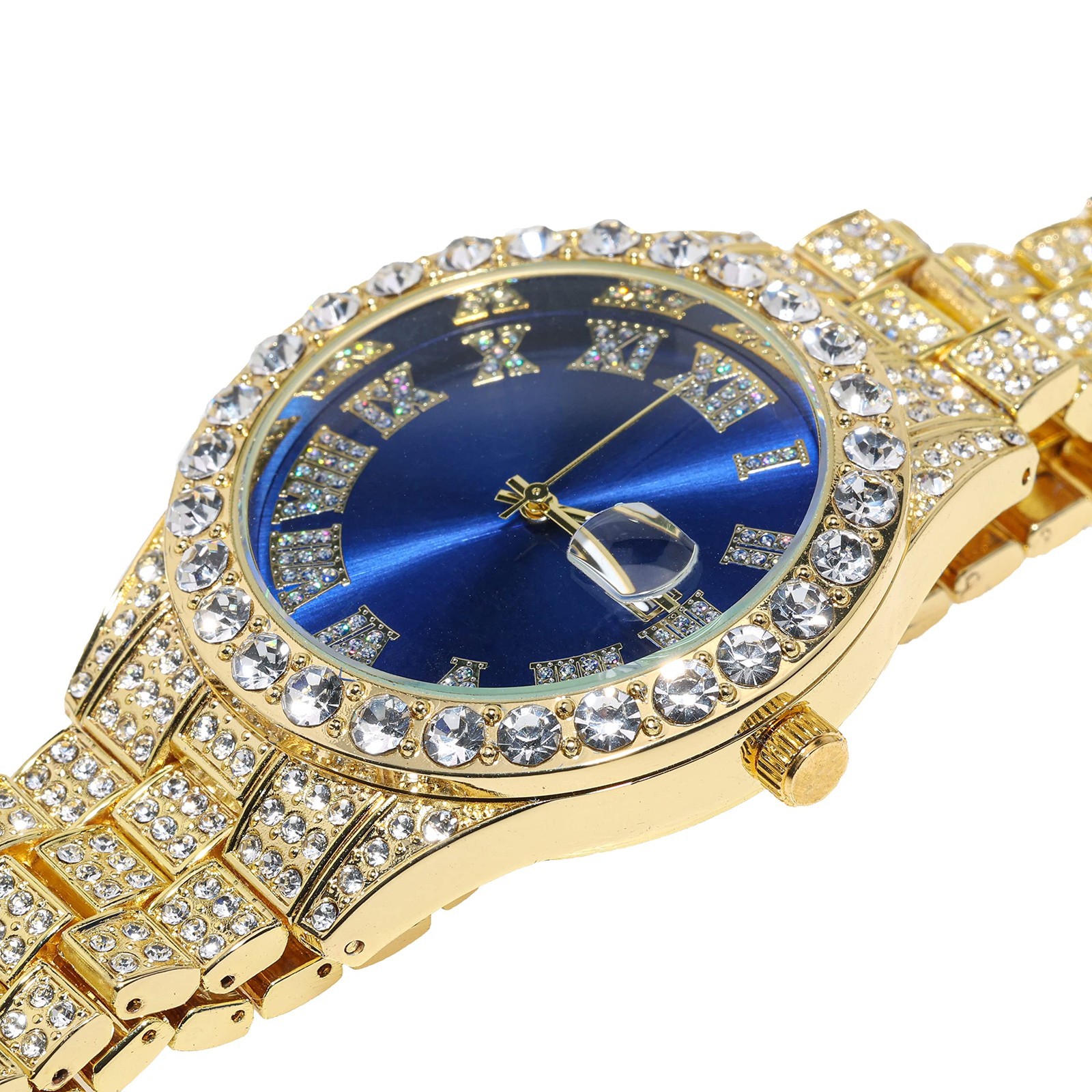 Men’s 18K Gold Plated Alloy Watch Iced Out 42MM Blue Dial Quartz Handset Diamond