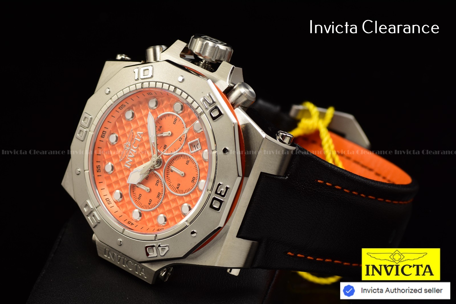 Invicta Men’s AKULA 58mm Chrono Quartz Orange Dial Black Leather 300m Watch