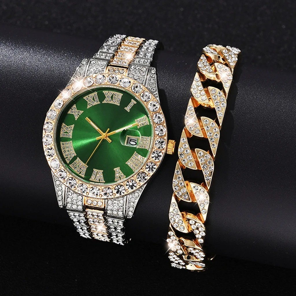 2PCS Men’s Quartz Watch & Bracelet Set Full Diamond Steel Band Roman Dial