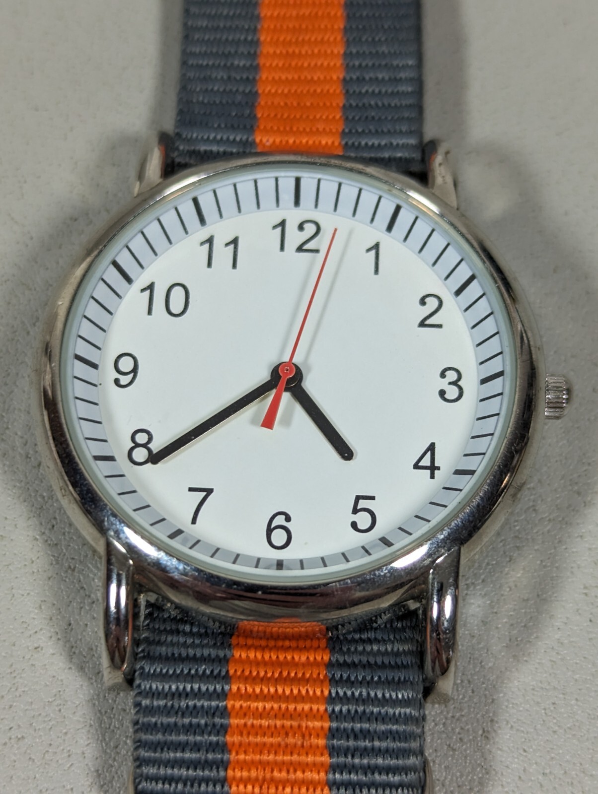 Unisex White Dial Round Silver Tone Case Gray Orange Canvas Band Watch