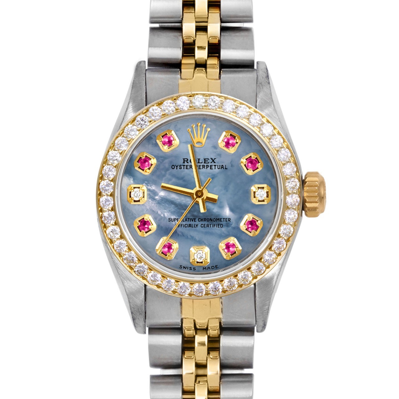 Rolex Lady TT Oyster Perpetual Blue MOP Ruby Diamond Dial Diamond Bezel Jubilee