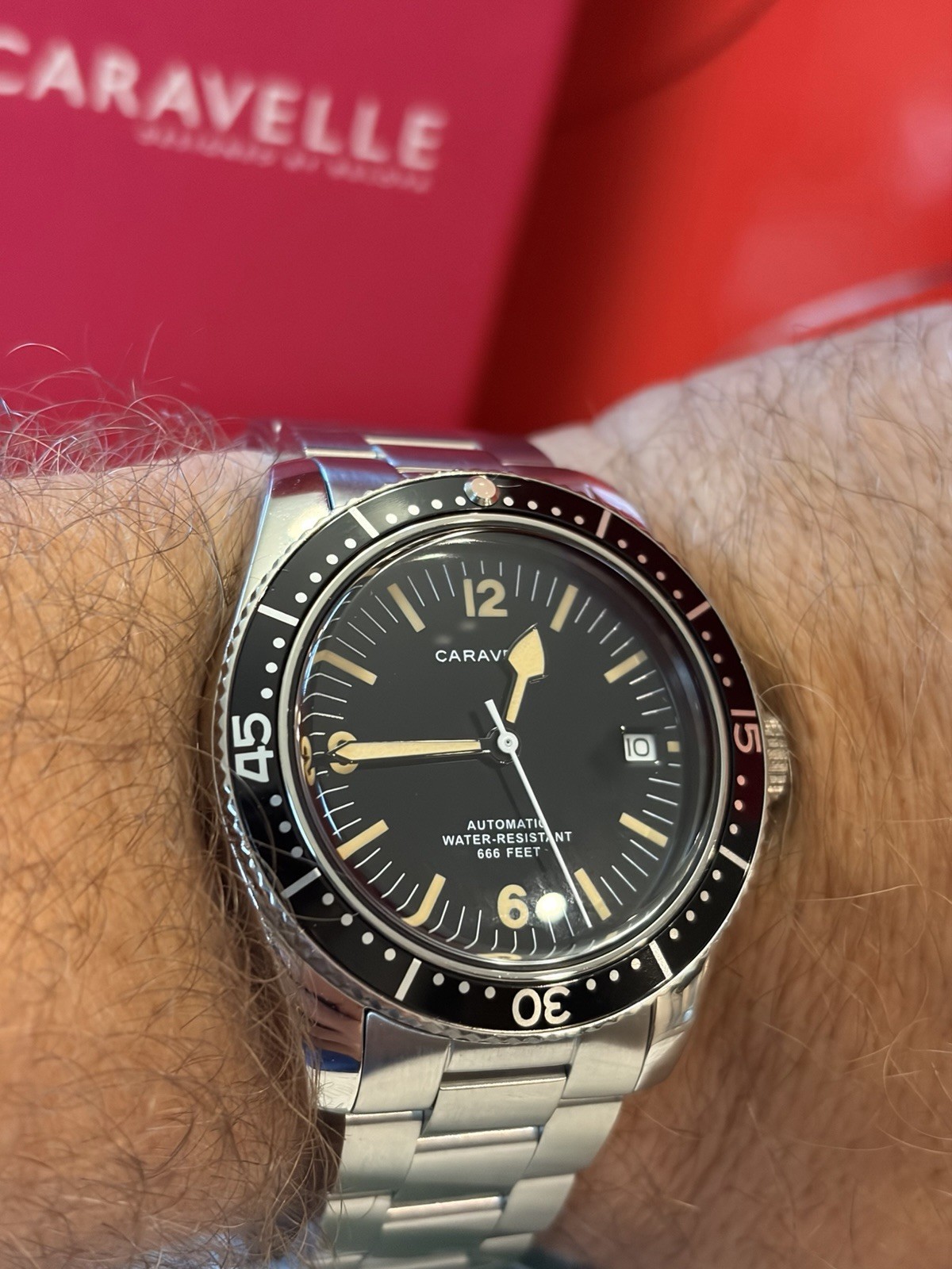 Caravelle Automatic Diver Date Black Dial 40mm Steel Bracelet 666ft Box Papers