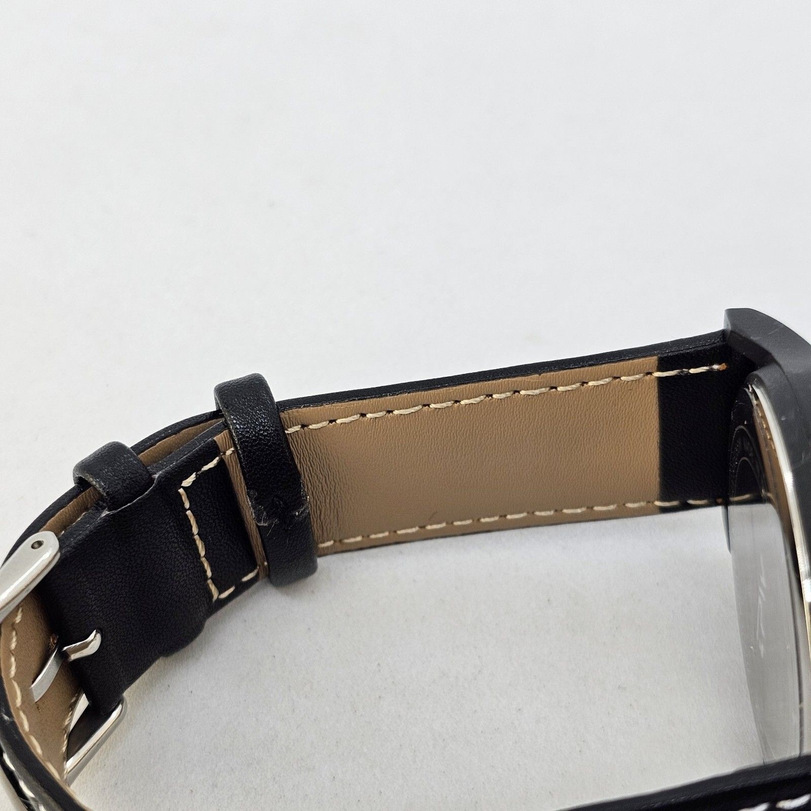 Men’s Field Watch 42MM Large Case Black Dial Black White Leather Band Straps