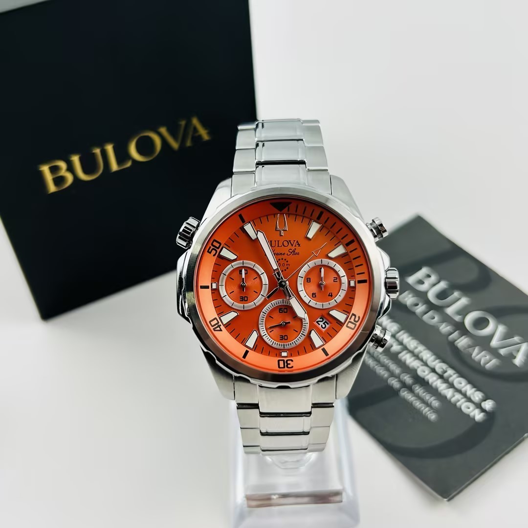 Bulova Men’s Marine Star 96B395 Orange Dial Stainless Chronograph Quartz Watch