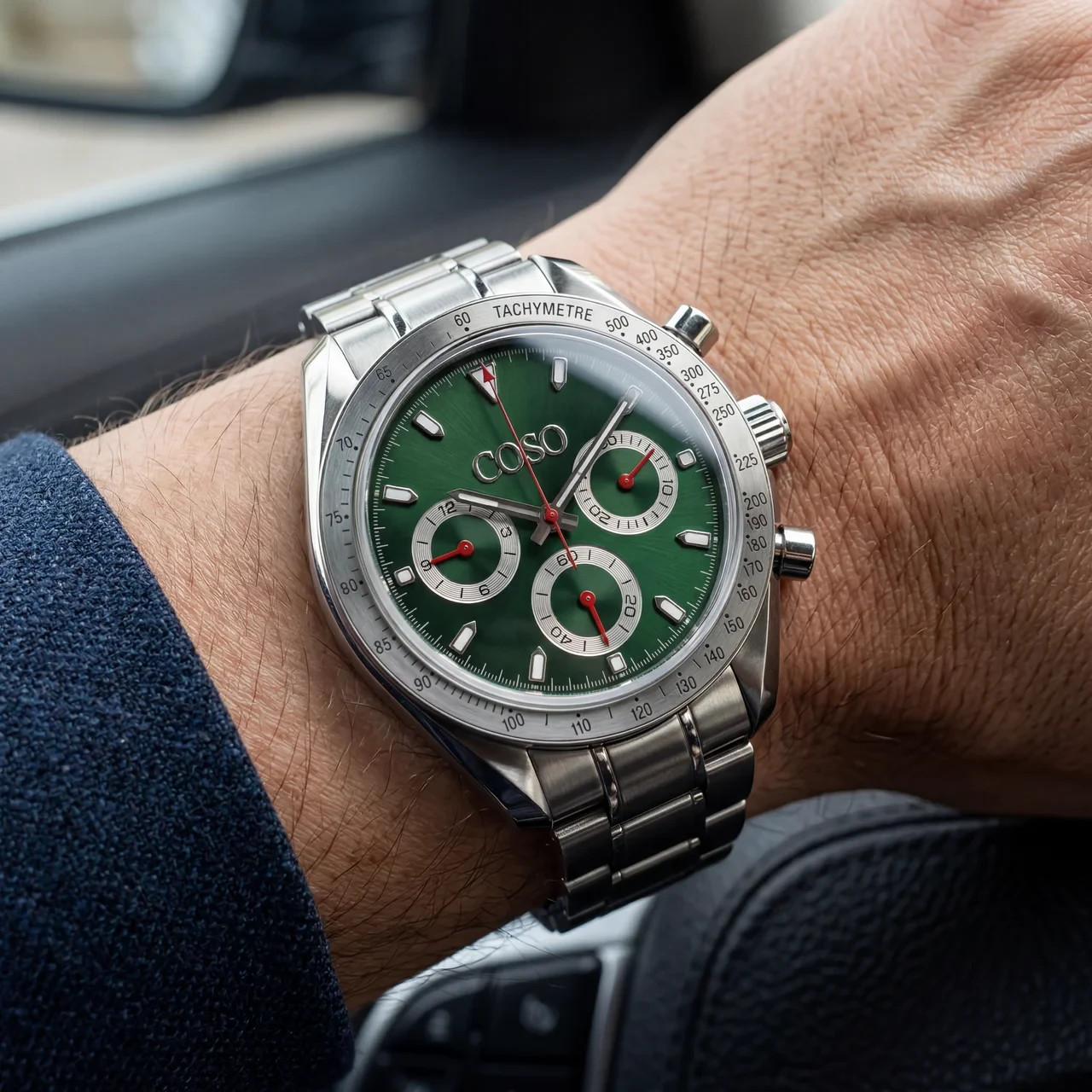 COSO Torvex Chronograph Watch Green Dial Red Accents Black Bezel Steel