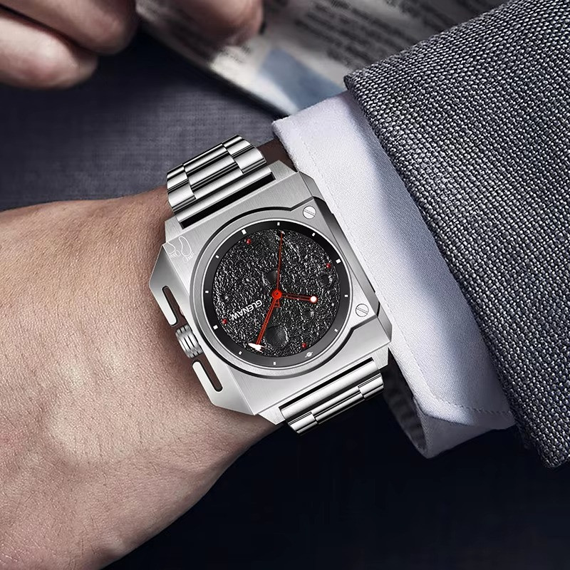 GLENAW Mechanical Men’s Watch Moon Surface Dial Luminous Spaceship Pointer 3ATM