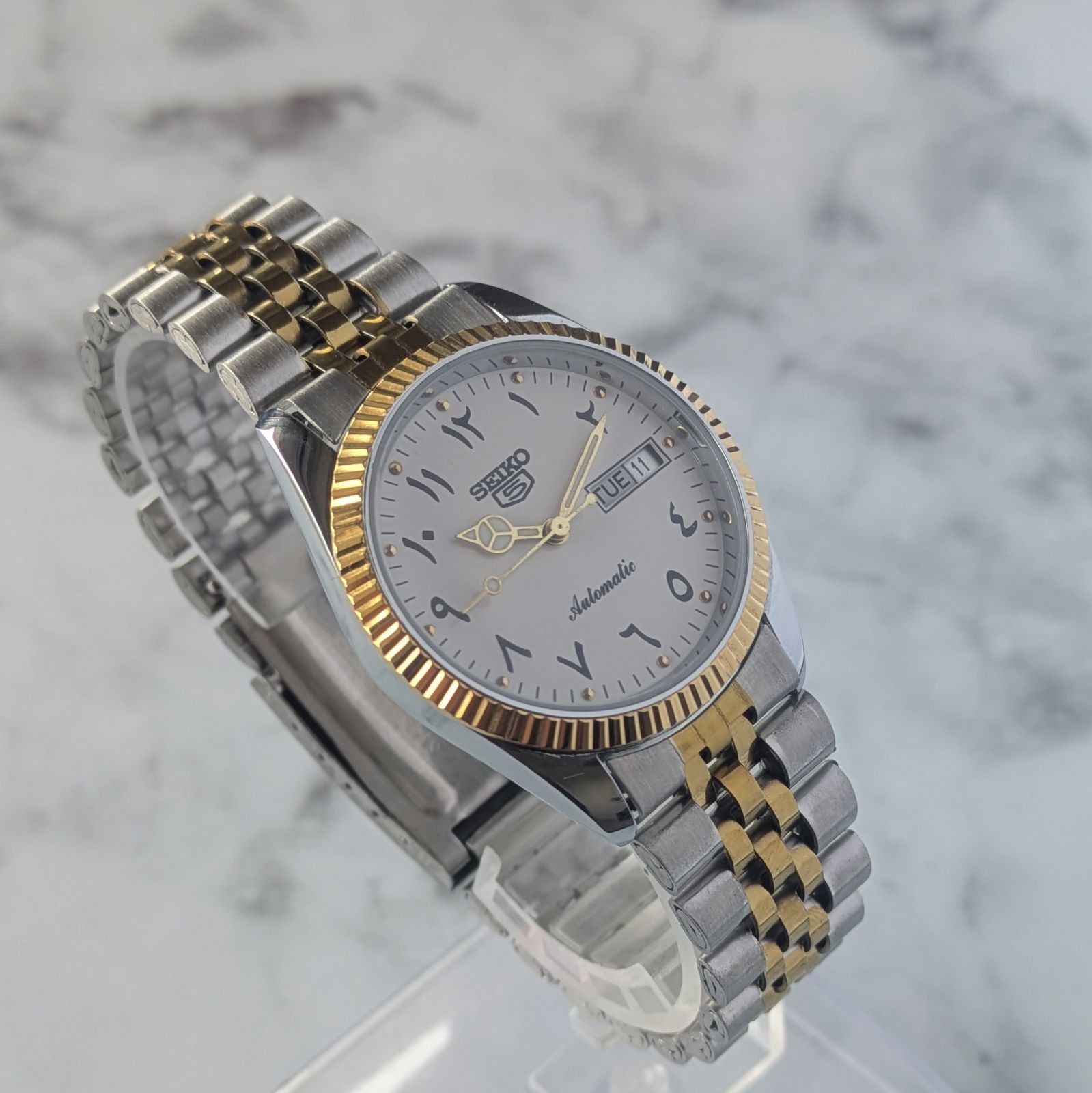 SEIKO 1980-1989 5 Automatic White Dial Gold Bezel Watch Wrist 19cm From Japan
