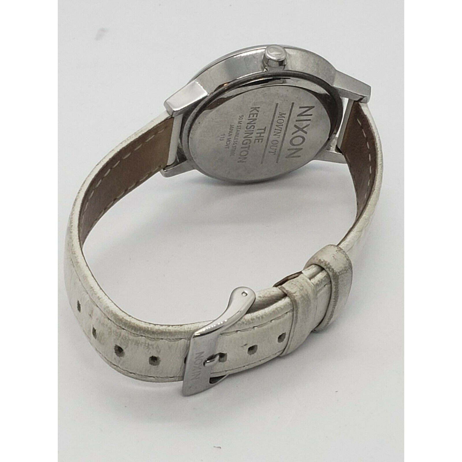 Nixon Moving Out Kengsington Silver Tone Steel Watch with White Leather Band