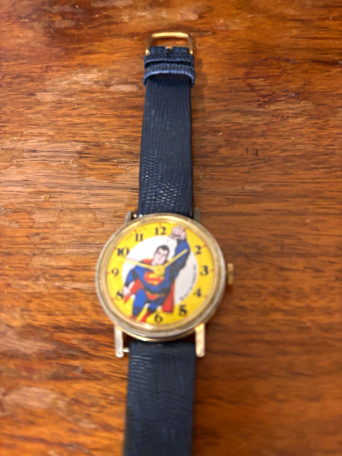 Superman Cartoon Dial Quartz Analog Watch, Stainless Steel, Blue Leather Lizard