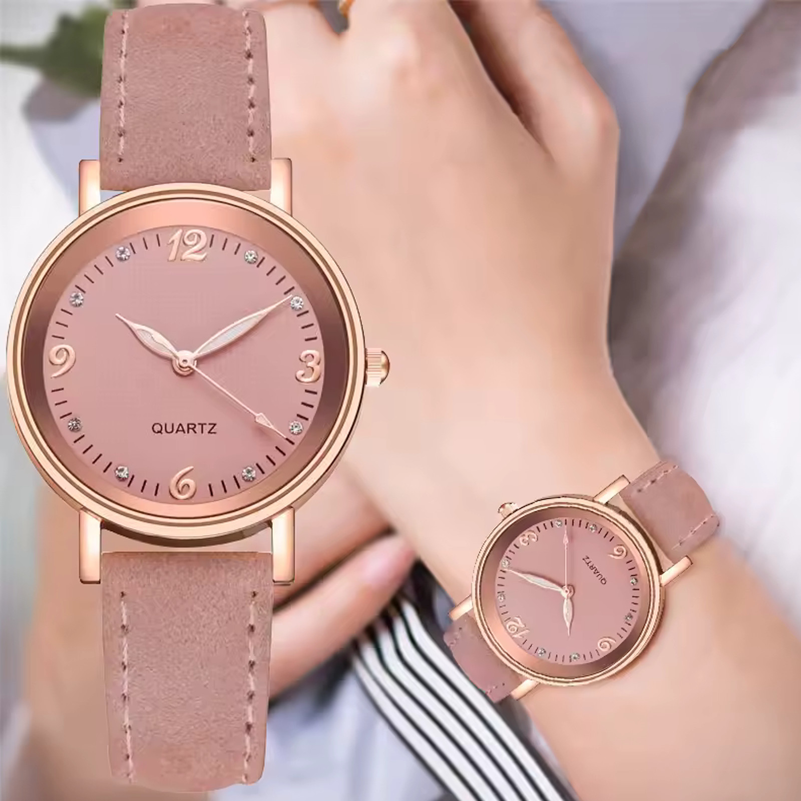 Rose Gold Womens Watch Guava Pink PU Leather Strap Rhinestone Dial Analog Quartz