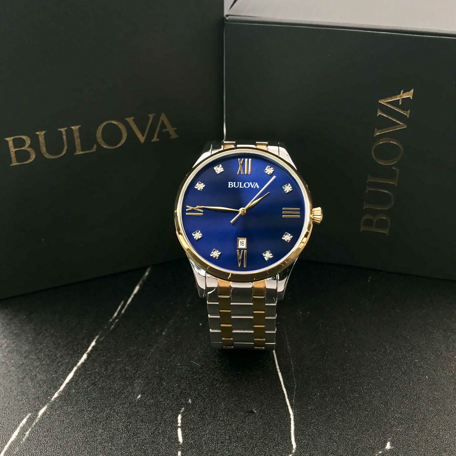 Bulova Classic 98D130 Men’s Diamond Accent Two-Tone Blue Dial 40mm Quartz Watch