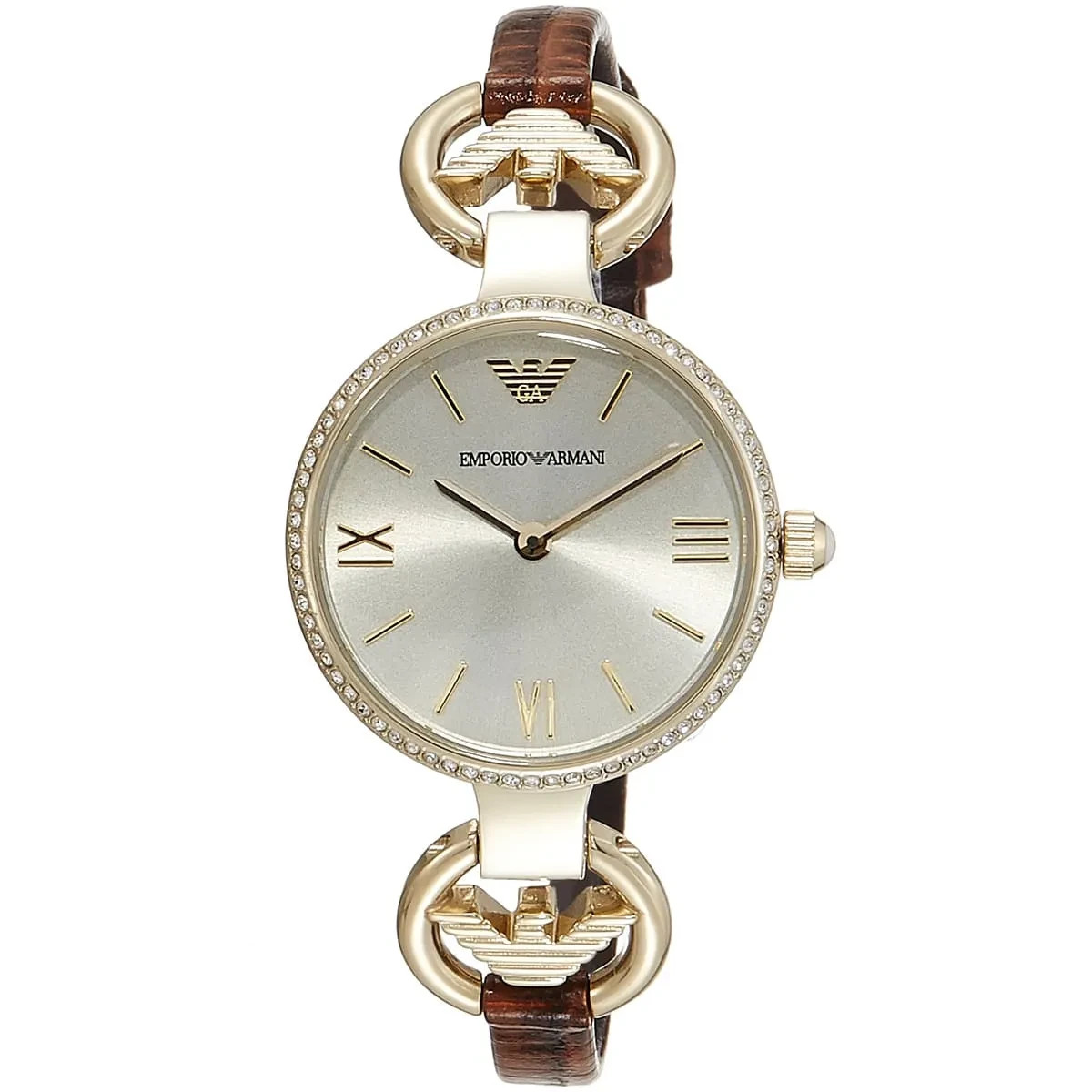 EMPORIO ARMANI GIANNI T-BAR GOLD,SILVER 2 TONE BROWN LEATHER MINI WATCH AR1885